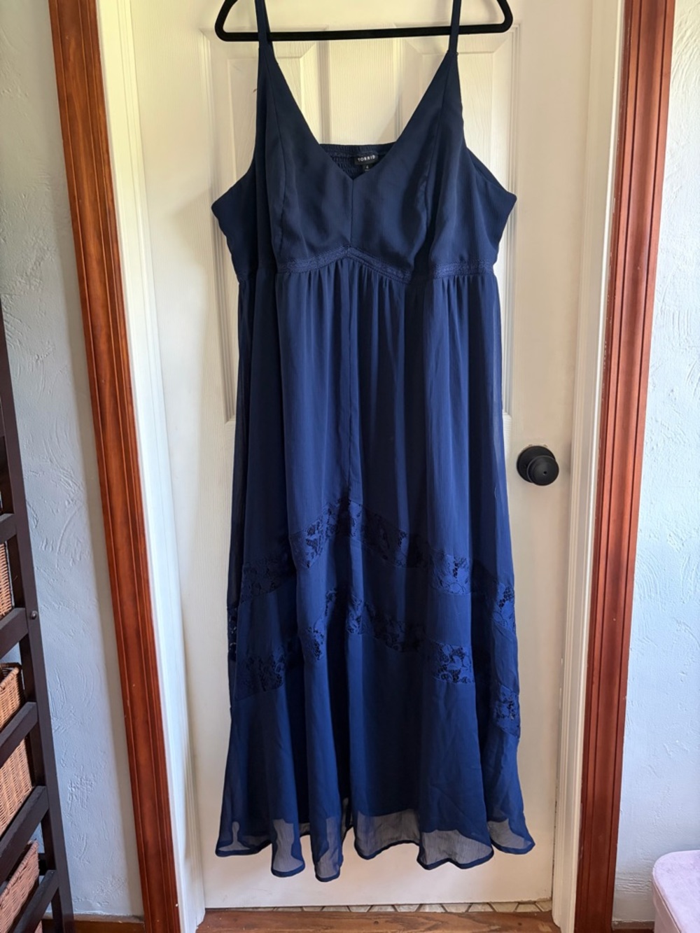 Torrid Navy Spaghetti-Strap Maxi Dress with Adjustable Straps and Lace Accents.